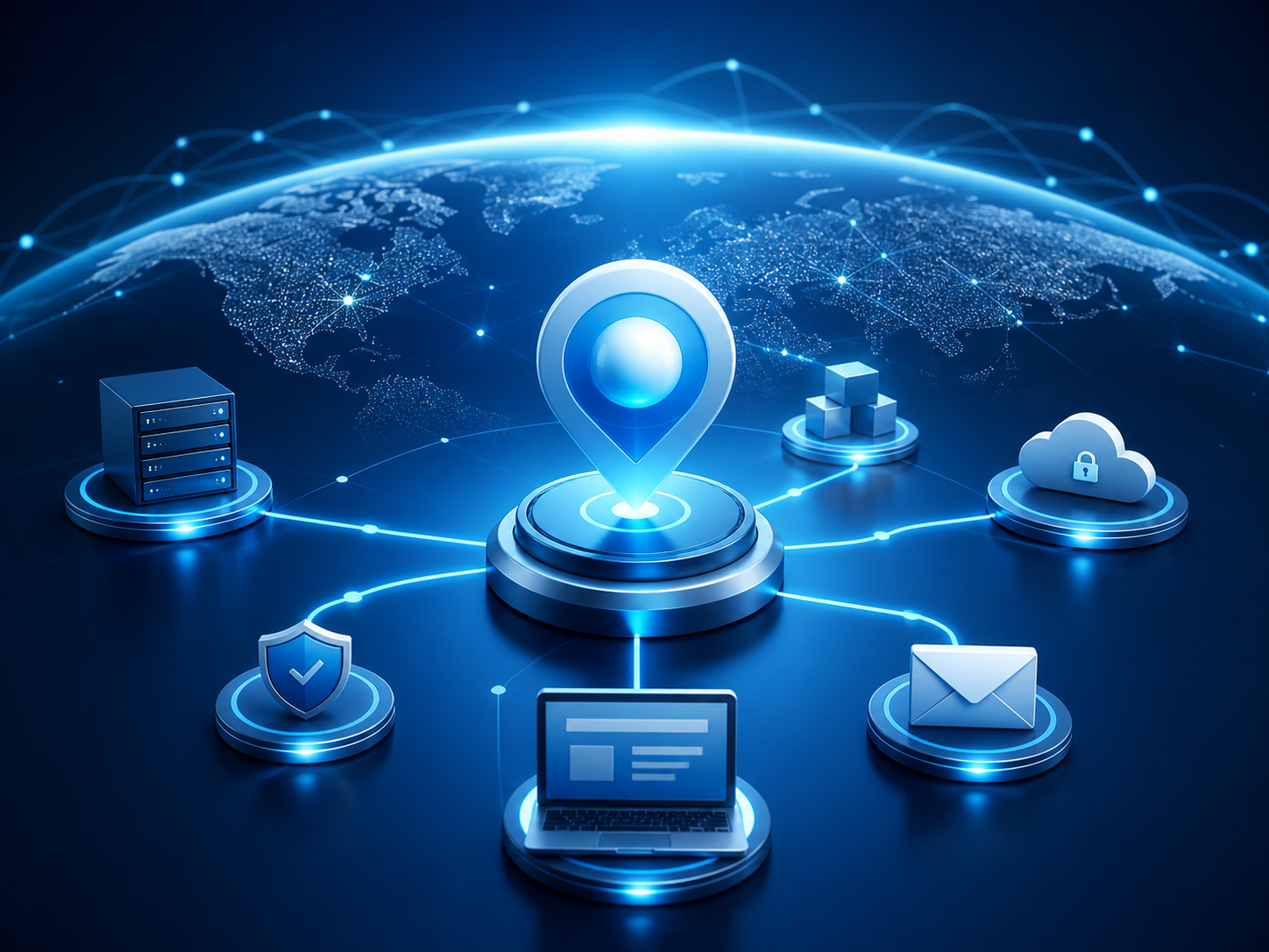 Rede global representando domínios, DNS, site e e-mail conectados